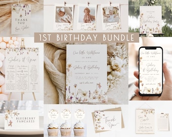 Paquete de plantillas editables para el primer cumpleaños de Wildflower / Niña floral Nuestro pequeño Wildflower cumple UN año Paquete de decoración para la invitación de primer cumpleaños S457