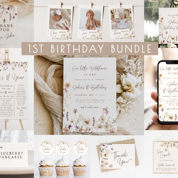 Wildflower 1st Birthday Bundle Editable Templates | Floral Girl Our Little Wildflower is ONE First Birthday Invitation Decor Package S457