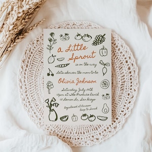 Little Sprout Baby Shower Invitation Template | Editable Hand Drawn A Little Sprout is on the Way Baby Shower Invite | DIY Veggie Theme S878