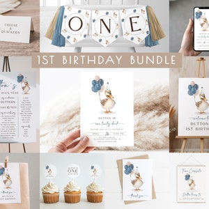 One Lucky Duck Boy Birthday Bundle | Editable Duck 1st Birthday Party Invitation & Decorations Template Package for Boy S569