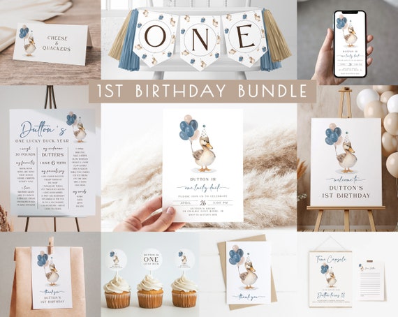 One Lucky Duck Boy Birthday Bundle | Editable Duck 1st Birthday Party Invitation & Decorations Template Package for Boy S569