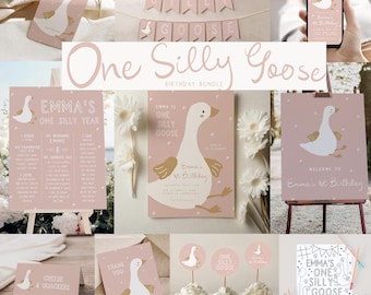 Paquete de plantillas de cumpleaños de ganso divertido para niña / Invitación y decoración de primer cumpleaños de ganso editables Paquete de primer cumpleaños S825