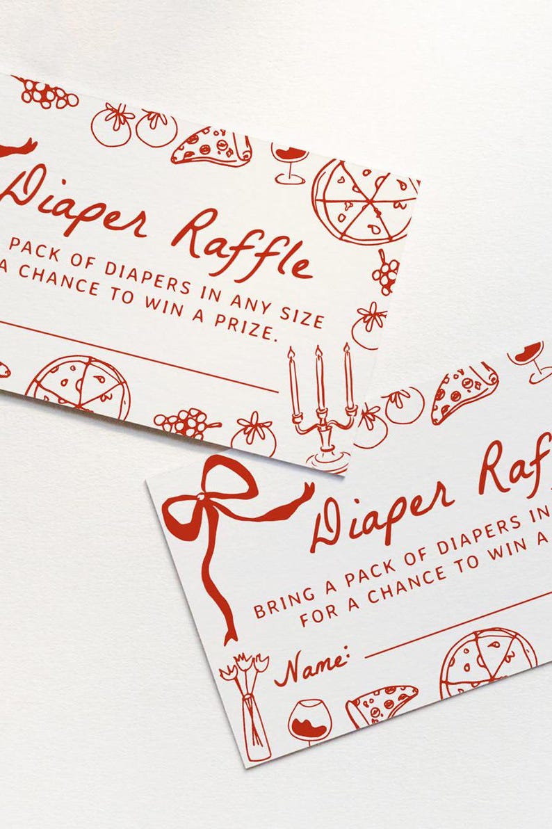 K&ouml;nnte beinhalten: Zwei rot-wei&szlig;e Karten mit einer roten Schleife und dem Text "Diaper Raffle" und "Bring a pack of diapers in for a chance to win a prize." Die Karten sind mit roten Zeichnungen von Pizza, Weingl&auml;sern und anderen Gegenst&auml;nden verziert.