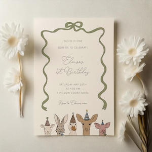 Modello di invito per il primo compleanno della fattoria / Invito per la festa di compleanno degli animali della fattoria per bambine modificabile / Animali da festa stampabili S796