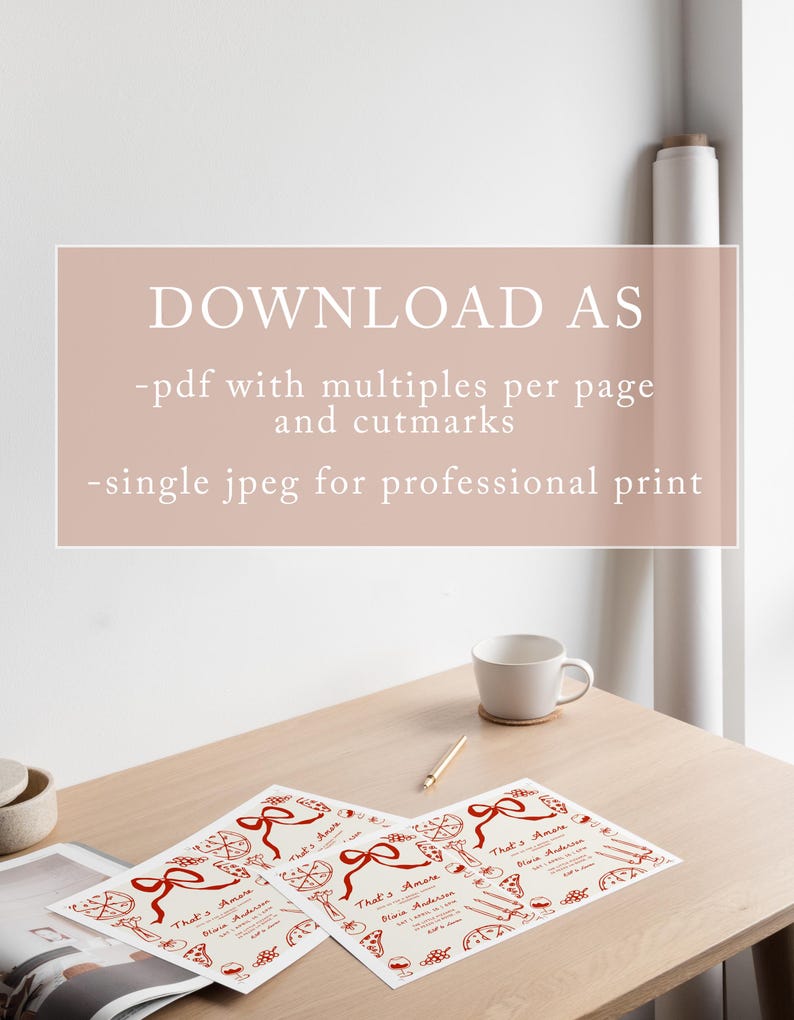 May include: Three printable designs for a pizza party invitation. The designs feature red illustrations of pizza slices, wine glasses, and a red bow. The text "That's Amore" is included on each design.