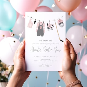 Girl Hockey Birthday Invitation Template | Editable Our Little Rookie is the Great One 1st Birthday Printable Invite | Rookie Year S720