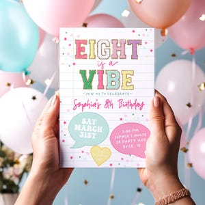 Eight is a Vibe Editable Invitation Template | Preppy Patch Letters Girl 8th Birthday Party Invite DIY S729