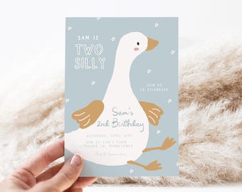 TWO Silly Goose 2nd Birthday Invitation -Editable Template | DIY 2 Silly Goose Boy Printable Second Birthday Party Invite S826