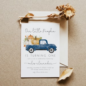 Little Pumpkin Boy 1st Birthday Party Invitation | Blue Truck Invite Editable Template | Our Little Pumpkin is One S127