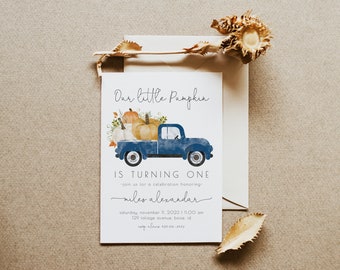 Little Pumpkin Boy 1st Birthday Party Invitation | Blue Truck Invite Editable Template | Our Little Pumpkin is One S127
