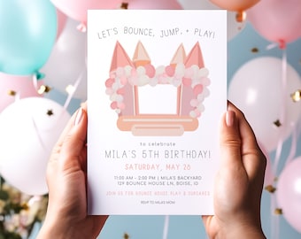 Bounce House Birthday Invitation | Girl Bounce, Jump and Play Outdoor Pink Bouncy Castle Bday Party Invite Editable Template