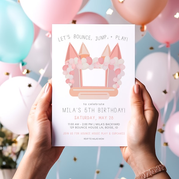 Bounce House Birthday Invitation | Girl Bounce, Jump and Play Outdoor Pink Bouncy Castle Bday Party Invite Editable Template