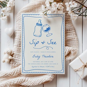 Modello di invito per baby shower "Sip and See" / Invito per baby shower "Incontra e saluta il tuo bambino" disegnato a mano modificabile S748