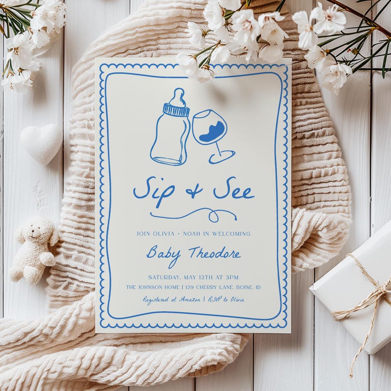 Boy Sip and See Baby Shower Invitation Template