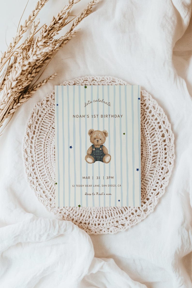 Bear 1st Birthday Invitation Template - Editable Teddy Bear Picnic First Birthday Party Invite - Digital Download S964 image 4