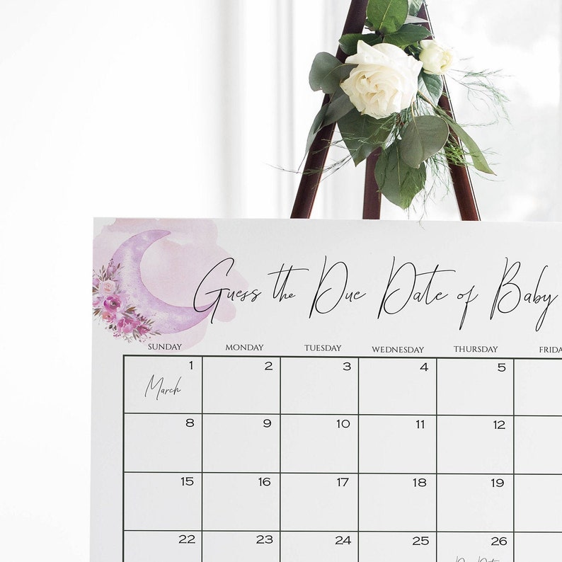 Guess Baby/'s Due Date Calendar Baby Shower Sign Editable Template Instant Download Girl Over the Moon Purple Baby Shower Game