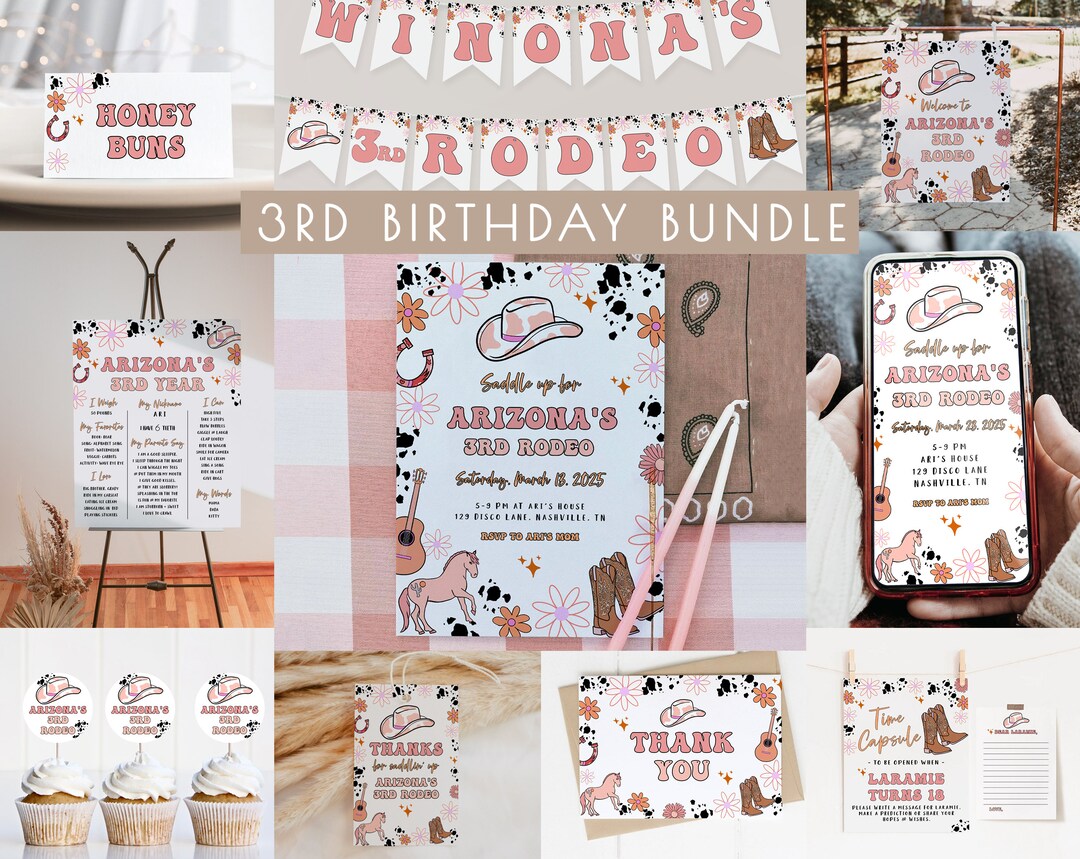 Girl 3rd Rodeo Birthday Bundle Editable Template Set | Space Cowgirl ...