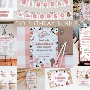 Girl 3rd Rodeo Birthday Bundle Editable Template Set | Space Cowgirl Western Third Rodeo Birthday Decor Package S281