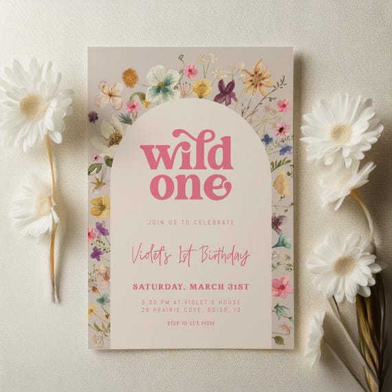 Wild One Wildflower 1st Birthday Invitation Template | Editable Our Little Wild Flower is One Girl First Birthday Invite S717