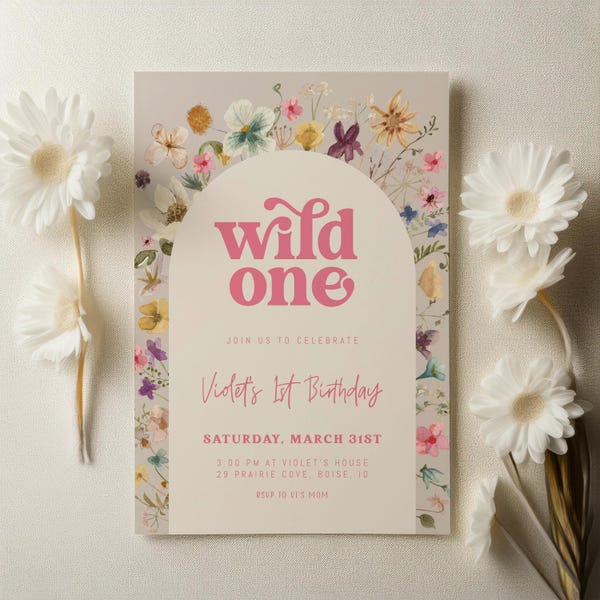 Wild One Wildflower 1st Birthday Invitation Template | Editable Our Little Wild Flower is One Girl First Birthday Invite S717