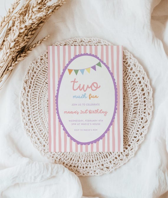 Two Much Fun Birthday Invitation Template - Editable Girl 2nd Birthday Theme Party Invite - (Digital Download) S981