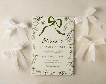 Plantilla de invitación de cumpleaños con temática de mercado agrícola / Invitación imprimible editable dibujada a mano para fiesta de cumpleaños con temática de mercado agrícola / S791