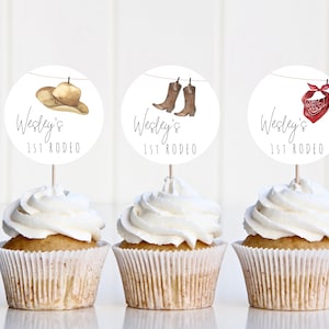 Cowboy Cupcake Topper Template | Red Western 1st Rodeo Cupcake Decor Cowgirl Birthday Printable Editable S245