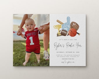 Rookie Year 1st Birthday Picture Invitation Template | Editable Let's Have a Ball First Birthday Sports All Star Printable Photo Invite S385