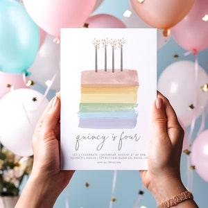 Editable 4th Birthday Invitation for Girl | Pastel Rainbow Birthday Cake Invitation Fourth Bday Template S214