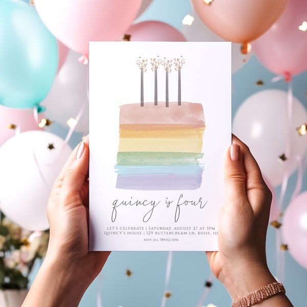 Editable 4th Birthday Invitation for Girl - Rainbow Birthday Cake Invitation Template (Digital Download) S214