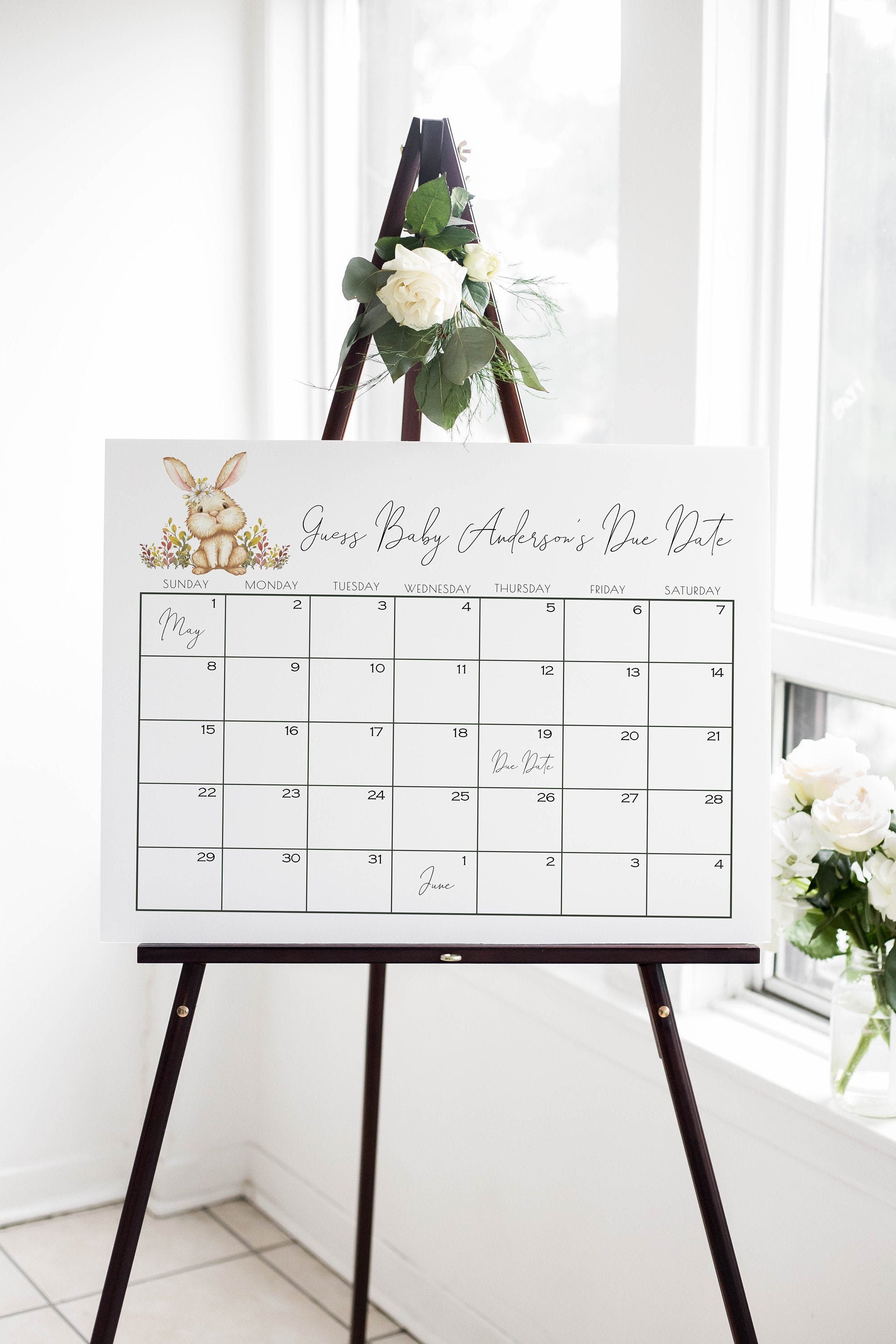Bunny Guess Baby's Due Date Calendar Template Baby Shower - Etsy