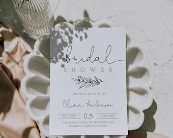 DIY Bridal Shower Invitation - Editable Template | Black and White Bridal Shower Invite | Greenery Leaf Minimalist Wedding Shower S130