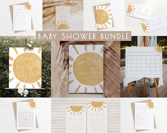 Paquete de plantillas editables para baby shower "Un poco de sol está en camino" / Paquete de juegos y decoración para invitaciones de baby shower "Negocio neutro" S239