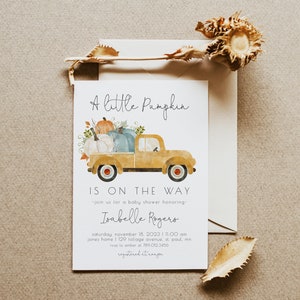 Little Pumpkin Fall Baby Shower Invitation | Truck Boy Baby Shower Invite Editable Template | Pumpkin is on the Way S123