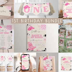 Cowgirl 1st Birthday Bundle | Editable 1st Rodeo Invitation & Decor Template Set | Cowgirl Western First Rodeo Birthday Package S536