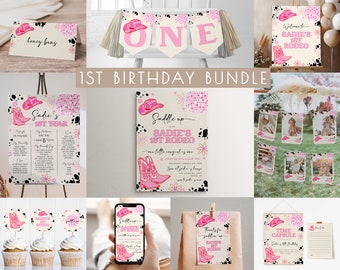 Cowgirl 1st Birthday Bundle | Editable 1st Rodeo Invitation & Decor Template Set | Cowgirl Western First Rodeo Birthday Package S536