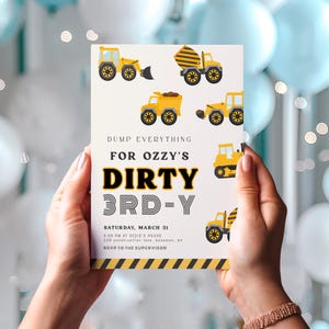 Construction 3rd Birthday Invitation Template | Editable Dirty 3rd-y Construction Bulldozer Truck Boy Third Bday Printable Invite S393
