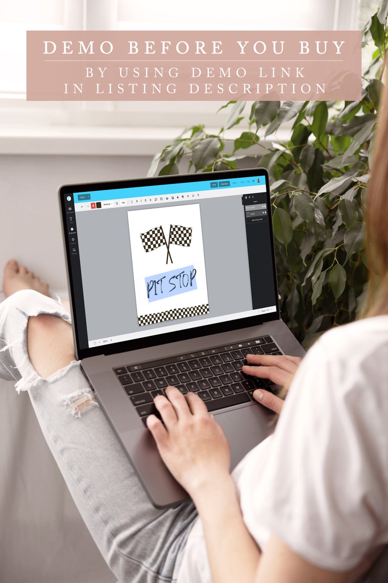 May include: A person using a laptop to design a digital printable sign with a checkered flag and the text "Pit Stop".
