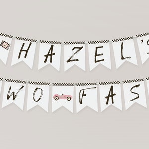 TWO Fast Banner Template | Editable Girl Race Car 2nd Birthday Printable Pennant Sign | Pink Growing Up Two Fast Bday Decor S469
