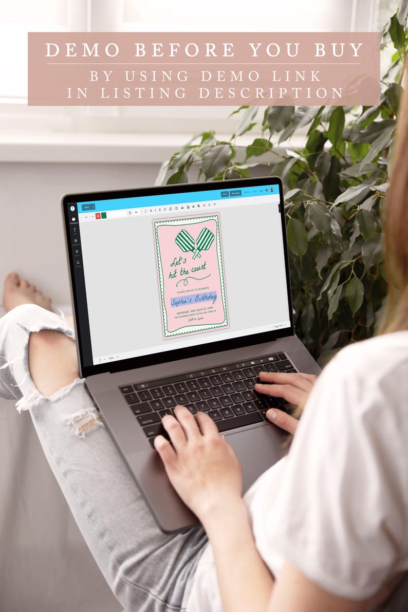 May include: A laptop screen displaying a pink and green printable invitation with the text "Let's hit the court" and "Sophia's Birthday".