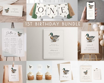 One Lucky Duck Birthday Bundle | Editable 1st Birthday Duck Invitation & Decorations Template Package for Boy S556