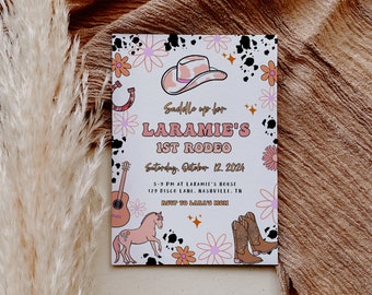 Editable 1st Rodeo Birthday Invitation | Our Little Cowgirl is One Wild West Space Cowgirl Editable Template Disco Western Invite S281