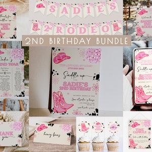 Girl 2nd Rodeo Birthday Bundle Editable Template Set | Disco Cowgirl Western Second Rodeo Birthday Decoration Package S536