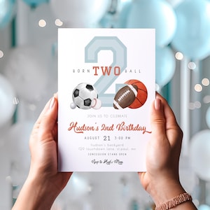 Born TWO Ball Invitation: Sports 2nd Birthday Party (Editable Template) S628
