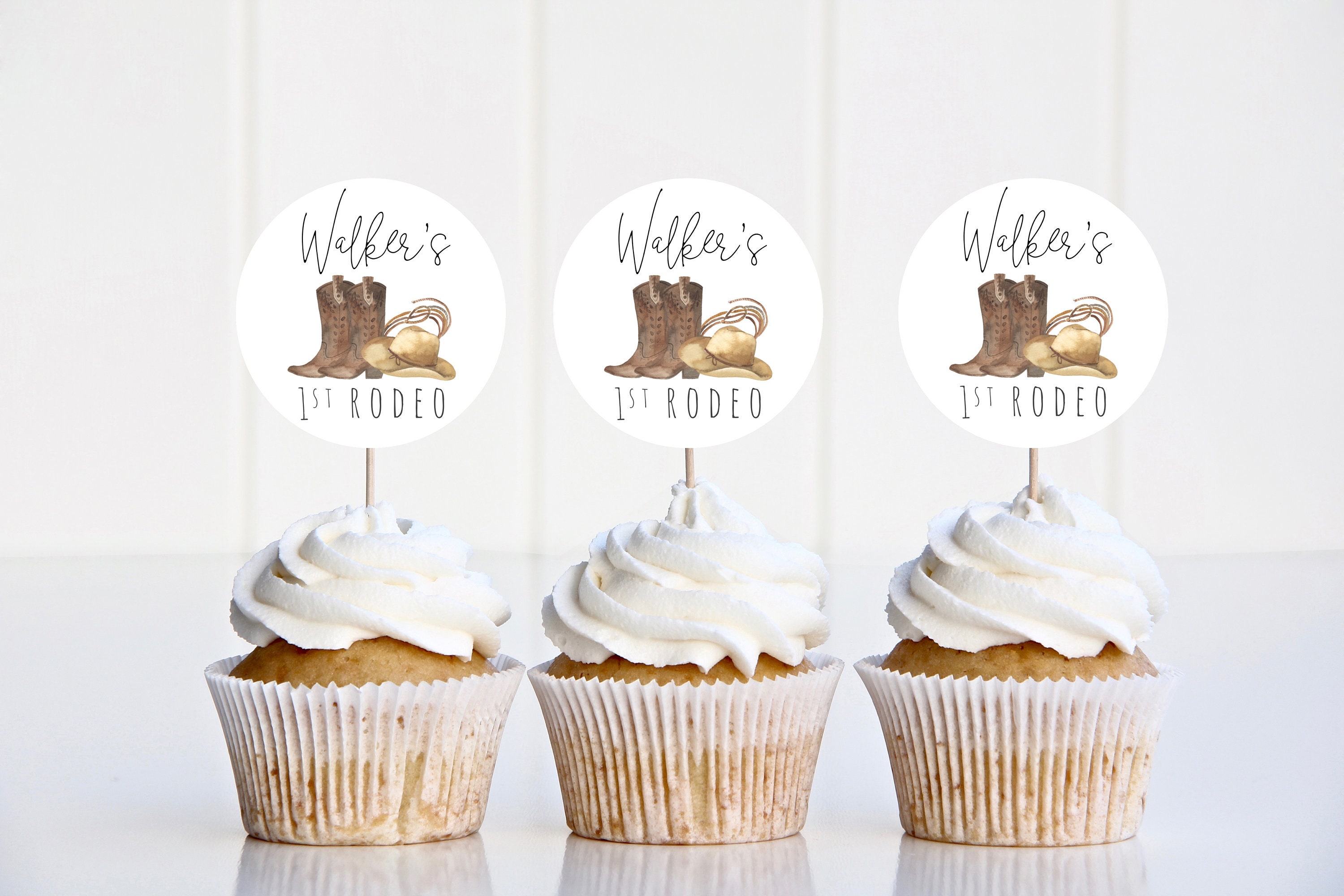 Sjabloon 1e rodeo-cupcaketopper | Westerncowboy cupcake decor verjaardag afdrukbare bewerkbare S229