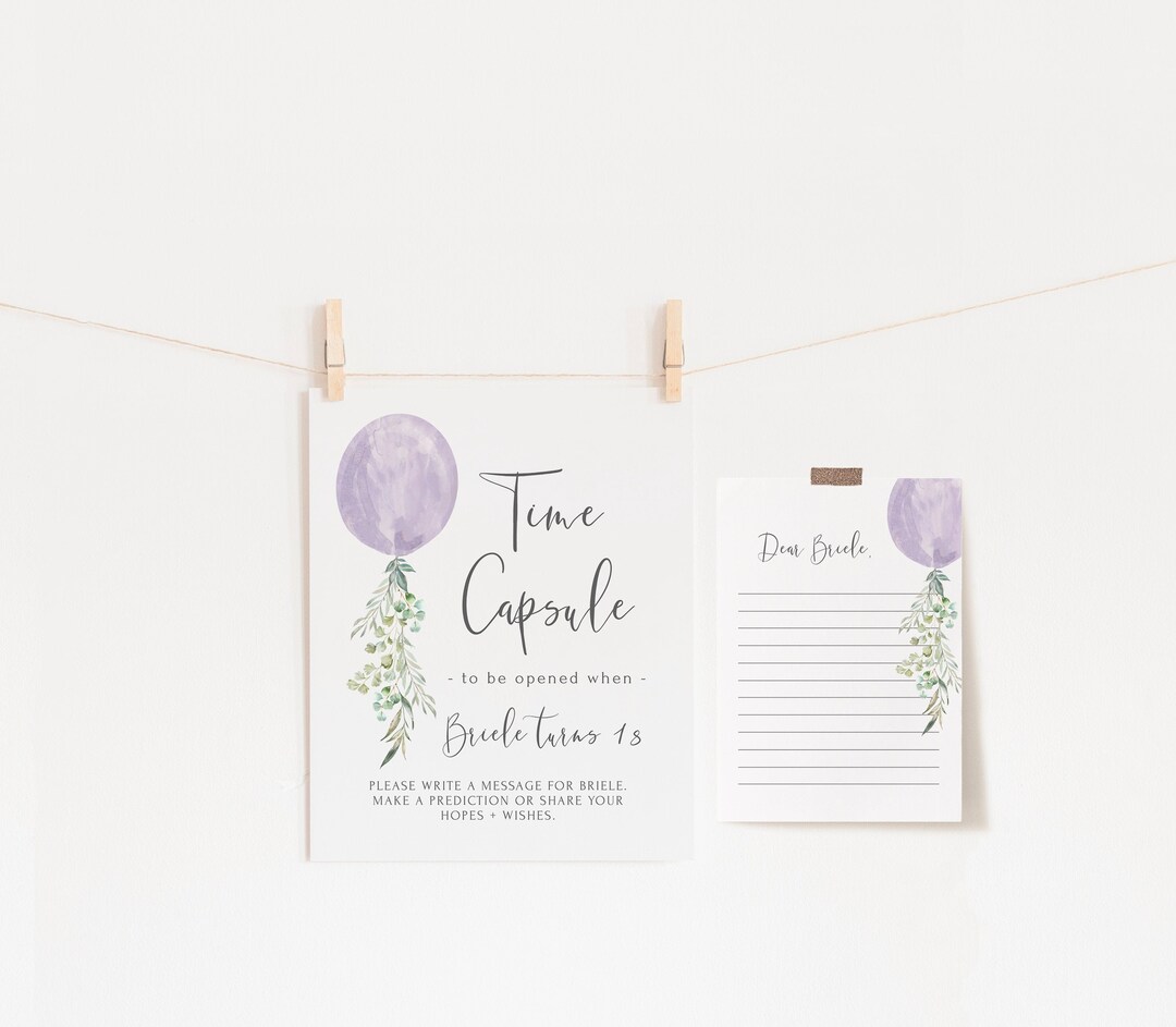 Girl Time Capsule 1st Birthday Template Editable Purple Balloon