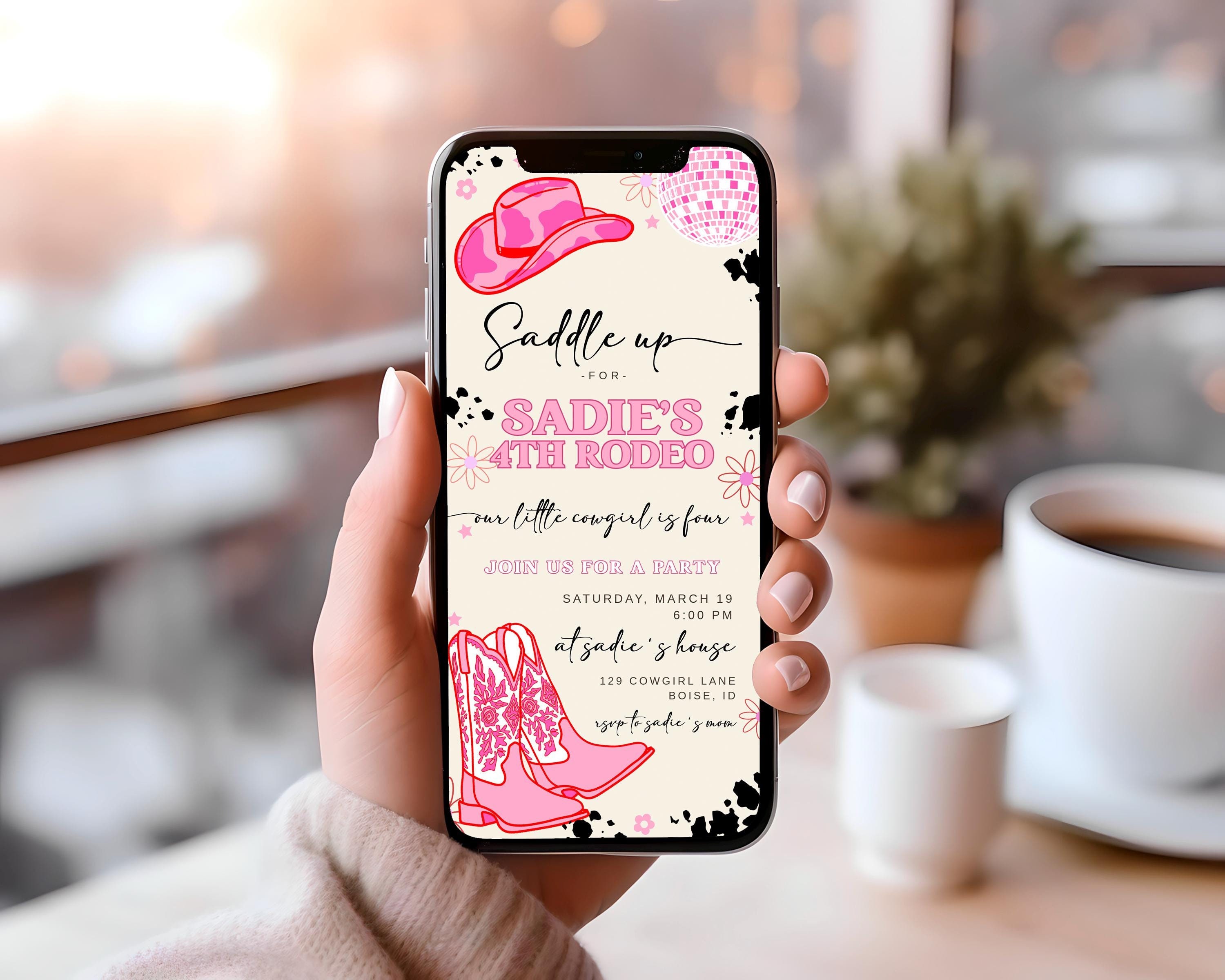 Editable 4th Rodeo Birthday Text Invitation Template | Pink Cowgirl ...