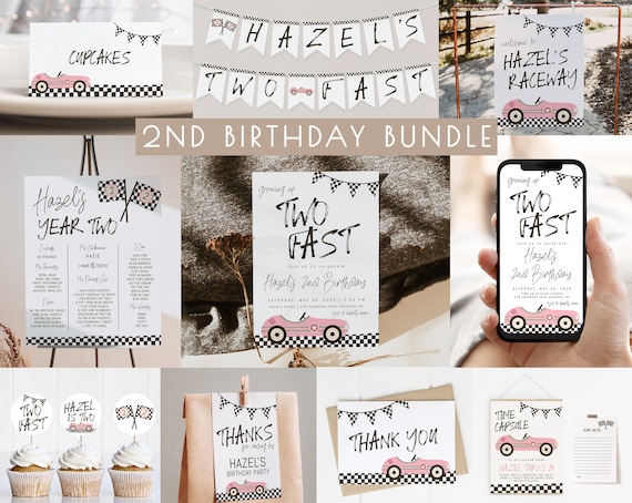 TWO Fast Girl Birthday Bundle Editable Template Package | Pink Race Car 2nd Birthday | 2 Fast Second Birthday Decor Set S469