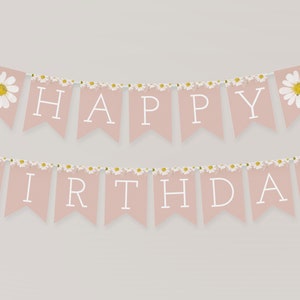 Sjabloon Daisy verjaardag-banner | Roze afdrukbaar Daisy Happy Birthday-wimpelbord | Bewerkbaar verjaardagsdecor madeliefje S235