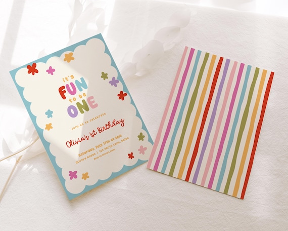 Fun to be One Birthday Invitation Template - Editable Whimsy 1st Birthday Theme Party Invite (Digital Download) S1015